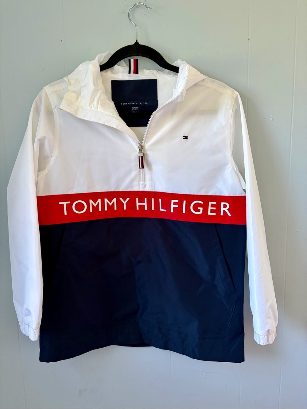 Tommy Hilfiger Boys White & Navy Colorblock Popover Windbreaker Jacket M 12/14